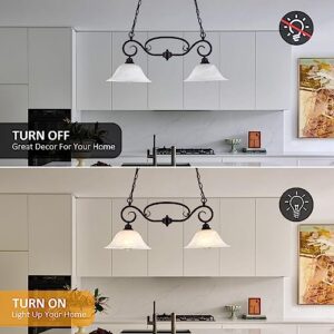 SHENGQINGTOP 32.5" Traditional Kitchen Island Lights with Alabaster Glass Shade & Chain, 2-Light Dining Room Lighting Fixtures Hanging, Vintage Farmhouse Pendant Lighting, Matte Black Finish