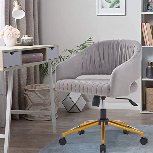 Home Office Cute Desk Chair Swivel Velvet Desk Chair Modern Cute Desk Chair  with Gold Base for Girls Women Ergonomic Study Seat Computer Task Stools for Living Room (Grey)