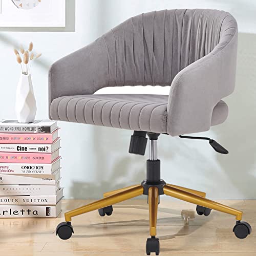 Home Office Cute Desk Chair Swivel Velvet Desk Chair Modern Cute Desk Chair  with Gold Base for Girls Women Ergonomic Study Seat Computer Task Stools for Living Room (Grey)