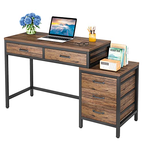 LITTLE TREE Home Office Computer Desk with Drawers, Rustic Brown