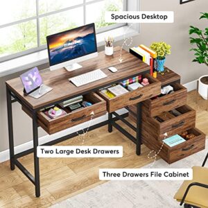LITTLE TREE Home Office Computer Desk with Drawers, Rustic Brown