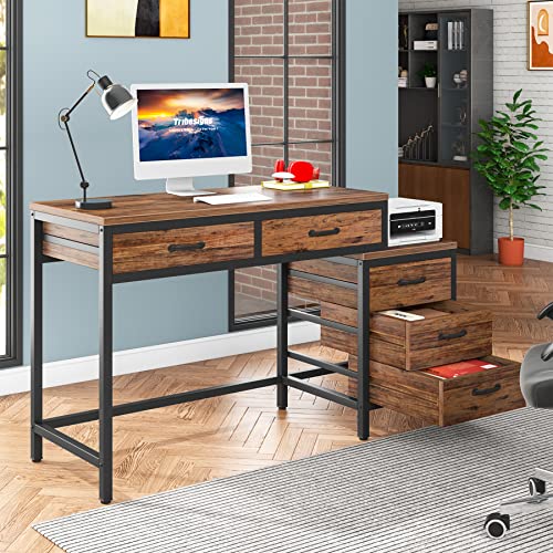 LITTLE TREE Home Office Computer Desk with Drawers, Rustic Brown