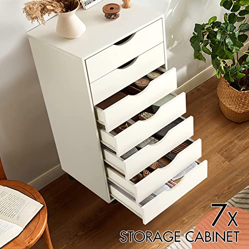 TUSY 7-Drawer Chest, Storage Dresser Cabinet with Wheels, Tall Chest of Drawers for Closet and Bedroom (White, 7 Drawer)