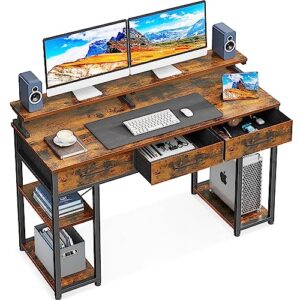 odk computer desk with drawers and storage shelves, 48 inch home office desk with monitor stand, modern work study writing table desk for small spaces, vintage