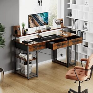 ODK Computer Desk with Drawers and Storage Shelves, 48 inch Home Office Desk with Monitor Stand, Modern Work Study Writing Table Desk for Small Spaces, Vintage