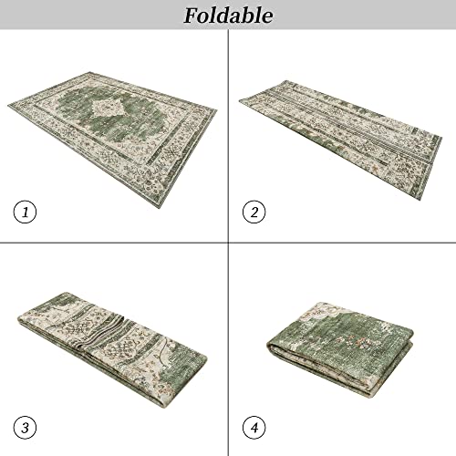 Valenrug Washable Rug 5x7 - Ultra Thin Green Collection Area Rug, Stain Resistant Non-Skid Rugs for Living Room, Persian Boho Bedroom Rugs(5'x7', TPR40-Green)