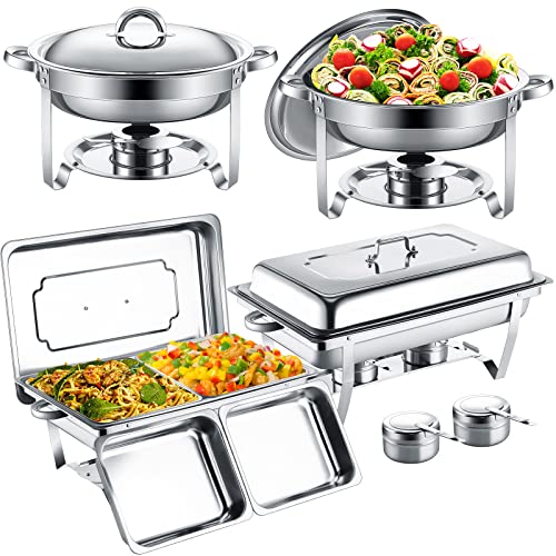 4 Pcs Chafing Dishes Buffet Set Stainless Steel Chafing Dishes 9.5 Qt Rectangular Chafers 3.7 Qt Round Buffet Warmers Set Silver Food Warm with Folding Frame for Banquet Party Catering Supplies