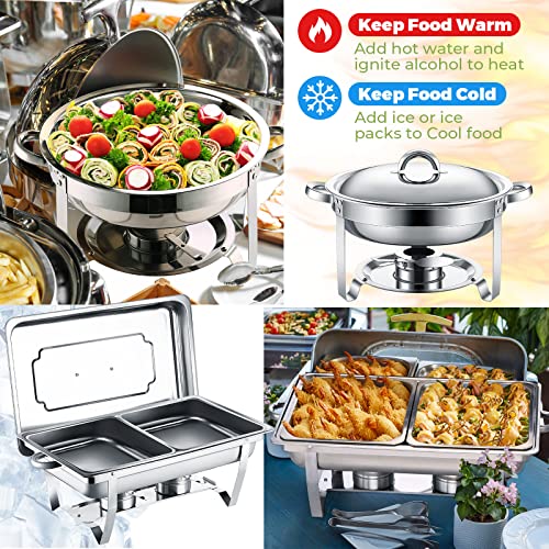 4 Pcs Chafing Dishes Buffet Set Stainless Steel Chafing Dishes 9.5 Qt Rectangular Chafers 3.7 Qt Round Buffet Warmers Set Silver Food Warm with Folding Frame for Banquet Party Catering Supplies