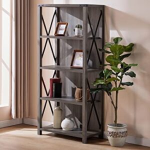 AMERLIFE 4-Tier Bookshelf, Tall Industrial Book Shelf, Rustic Wood & Metal X Frame Farmhouse Bookcase & Bookshelves for Living Room, Bedroom, Grey Wash, 64'', (bookshelf21B)