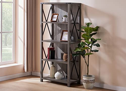 AMERLIFE 4-Tier Bookshelf, Tall Industrial Book Shelf, Rustic Wood & Metal X Frame Farmhouse Bookcase & Bookshelves for Living Room, Bedroom, Grey Wash, 64'', (bookshelf21B)