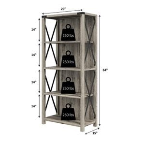AMERLIFE 4-Tier Bookshelf, Tall Industrial Book Shelf, Rustic Wood & Metal X Frame Farmhouse Bookcase & Bookshelves for Living Room, Bedroom, Grey Wash, 64'', (bookshelf21B)