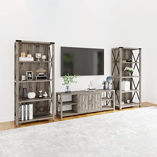 AMERLIFE 4-Tier Bookshelf, Tall Industrial Book Shelf, Rustic Wood & Metal X Frame Farmhouse Bookcase & Bookshelves for Living Room, Bedroom, Grey Wash, 64'', (bookshelf21B)