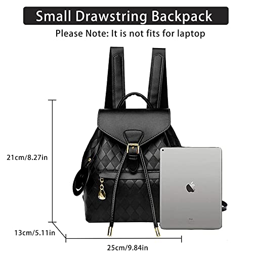 NZ SIXVONA Small Backpack for Women, Drawstring Mini Backpack Faux Leather Flap Checkered Backpack Purse for Women-Black