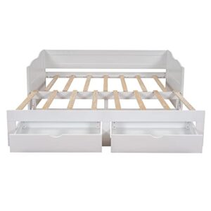 RUNWON Wooden Daybed with Trundle Bed and Two Storage Drawers, Extendable Bed Daybed,Sofa Bed with Two Drawers, White, King (Pull-Out Bunk Bed)