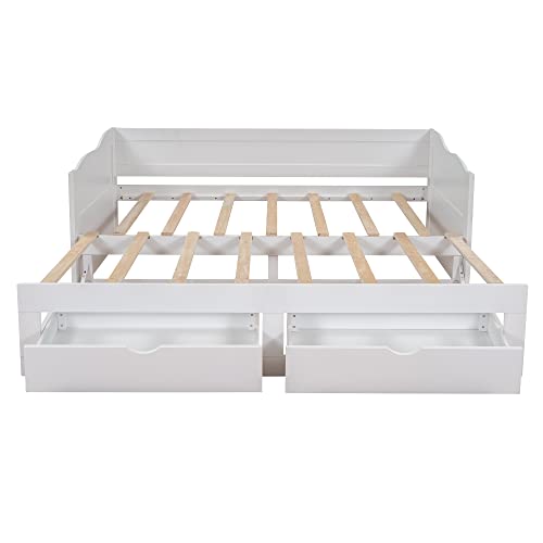 RUNWON Wooden Daybed with Trundle Bed and Two Storage Drawers, Extendable Bed Daybed,Sofa Bed with Two Drawers, White, King (Pull-Out Bunk Bed)