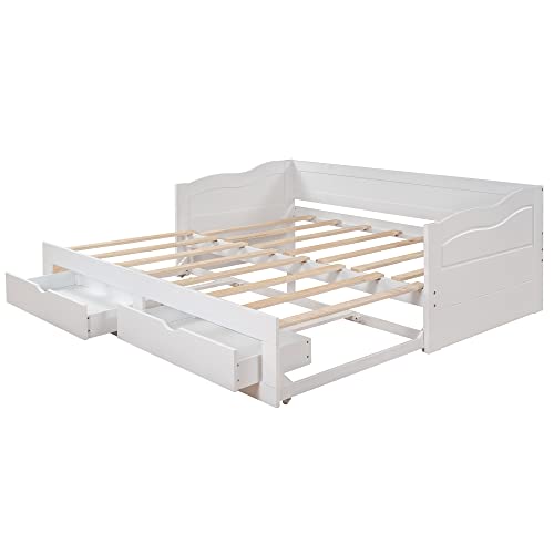 RUNWON Wooden Daybed with Trundle Bed and Two Storage Drawers, Extendable Bed Daybed,Sofa Bed with Two Drawers, White, King (Pull-Out Bunk Bed)