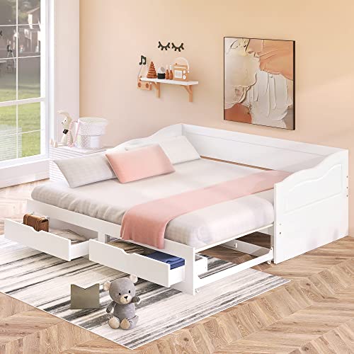 RUNWON Wooden Daybed with Trundle Bed and Two Storage Drawers, Extendable Bed Daybed,Sofa Bed with Two Drawers, White, King (Pull-Out Bunk Bed)