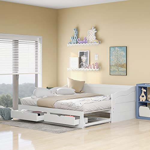 RUNWON Wooden Daybed with Trundle Bed and Two Storage Drawers, Extendable Bed Daybed,Sofa Bed with Two Drawers, White, King (Pull-Out Bunk Bed)