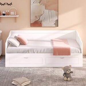 RUNWON Wooden Daybed with Trundle Bed and Two Storage Drawers, Extendable Bed Daybed,Sofa Bed with Two Drawers, White, King (Pull-Out Bunk Bed)