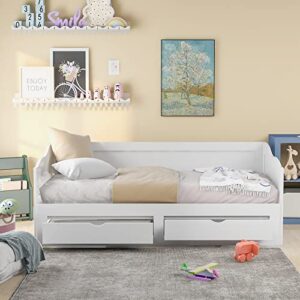 RUNWON Wooden Daybed with Trundle Bed and Two Storage Drawers, Extendable Bed Daybed,Sofa Bed with Two Drawers, White, King (Pull-Out Bunk Bed)