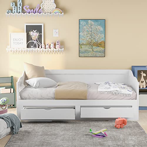 RUNWON Wooden Daybed with Trundle Bed and Two Storage Drawers, Extendable Bed Daybed,Sofa Bed with Two Drawers, White, King (Pull-Out Bunk Bed)