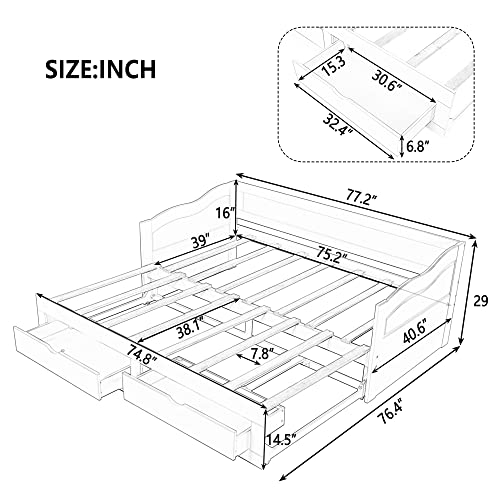 RUNWON Wooden Daybed with Trundle Bed and Two Storage Drawers, Extendable Bed Daybed,Sofa Bed with Two Drawers, White, King (Pull-Out Bunk Bed)