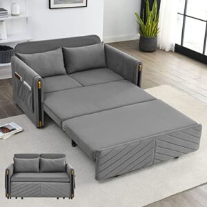kivenjaja convertible sleeper sofa bed, modern velvet loveseat couch with pull out bed, small love seat futon sofa bed with headboard, 2 pillows & side pockets for living room, 54” (grey)