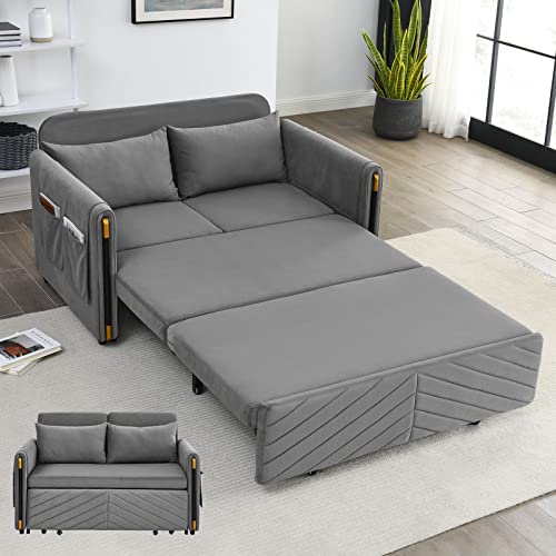 KIVENJAJA Convertible Sleeper Sofa Bed, Modern Velvet Loveseat Couch with Pull Out Bed, Small Love Seat Futon Sofa Bed with Headboard, 2 Pillows & Side Pockets for Living Room, 54” (Grey)