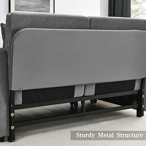 KIVENJAJA Convertible Sleeper Sofa Bed, Modern Velvet Loveseat Couch with Pull Out Bed, Small Love Seat Futon Sofa Bed with Headboard, 2 Pillows & Side Pockets for Living Room, 54” (Grey)