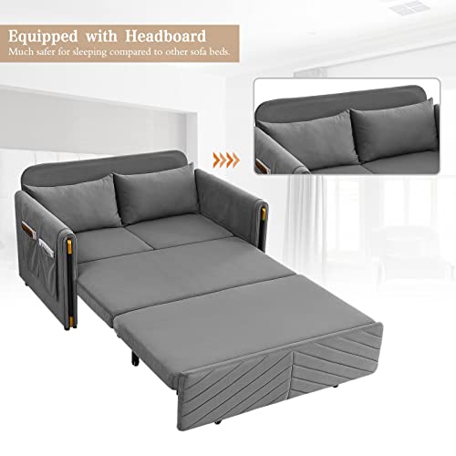 KIVENJAJA Convertible Sleeper Sofa Bed, Modern Velvet Loveseat Couch with Pull Out Bed, Small Love Seat Futon Sofa Bed with Headboard, 2 Pillows & Side Pockets for Living Room, 54” (Grey)