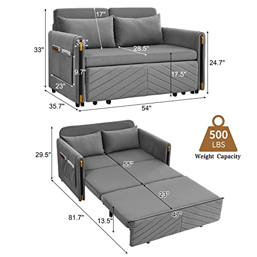 KIVENJAJA Convertible Sleeper Sofa Bed, Modern Velvet Loveseat Couch with Pull Out Bed, Small Love Seat Futon Sofa Bed with Headboard, 2 Pillows & Side Pockets for Living Room, 54” (Grey)