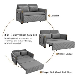 KIVENJAJA Convertible Sleeper Sofa Bed, Modern Velvet Loveseat Couch with Pull Out Bed, Small Love Seat Futon Sofa Bed with Headboard, 2 Pillows & Side Pockets for Living Room, 54” (Grey)