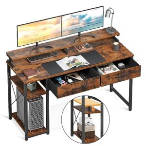 odk computer desk with drawers, 48 inch office desk with storage bag & shelves, work writing desk with monitor stand shelf, rustic brown home office desks for small spaces