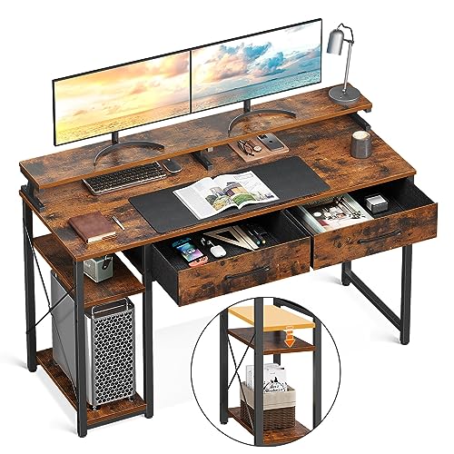 ODK Computer Desk with Drawers, 48 Inch Office Desk with Storage Bag & Shelves, Work Writing Desk with Monitor Stand Shelf, Rustic Brown Home Office Desks for Small Spaces