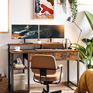 ODK Computer Desk with Drawers, 48 Inch Office Desk with Storage Bag & Shelves, Work Writing Desk with Monitor Stand Shelf, Rustic Brown Home Office Desks for Small Spaces