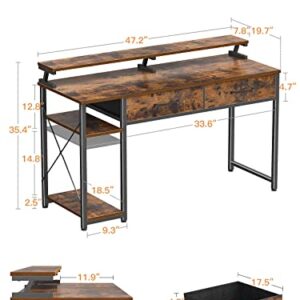 ODK Computer Desk with Drawers, 48 Inch Office Desk with Storage Bag & Shelves, Work Writing Desk with Monitor Stand Shelf, Rustic Brown Home Office Desks for Small Spaces