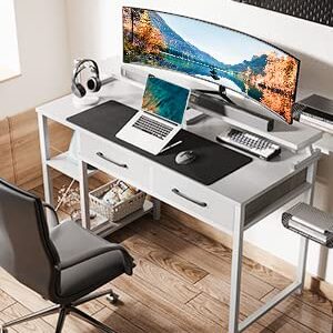 ODK Computer Desk with Drawers, 40 Inch Office Desk with Storage & Shelves, Work Writing Desk with Monitor Stand Shelf, White Home Office Desks for Small Spaces