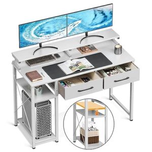 odk computer desk with drawers, 40 inch office desk with storage & shelves, work writing desk with monitor stand shelf, white home office desks for small spaces