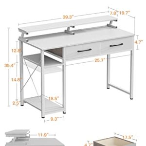 ODK Computer Desk with Drawers, 40 Inch Office Desk with Storage & Shelves, Work Writing Desk with Monitor Stand Shelf, White Home Office Desks for Small Spaces