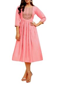 ladyline womens anarkali rayon silk embroidered kurti kurta tunic flair dress (42/pink)