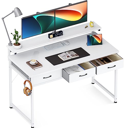 ODK 48 Inch Computer Desk with 3 Drawer and Large Storage Shelves, Home Office Desk with Monitor Shelf, Modern Work Writing Study Desk, White