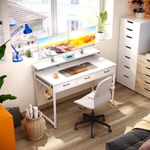 ODK 48 Inch Computer Desk with 3 Drawer and Large Storage Shelves, Home Office Desk with Monitor Shelf, Modern Work Writing Study Desk, White