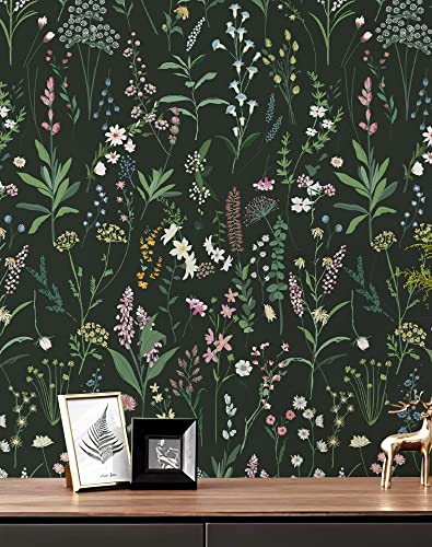 JiffDiff Floral Wallpaper Peel and Stick Farm Floral 472.44" x 17.32" Wildwood Wallpaper Dark Wallpaper Self Adhesive Wallpaper Coverage 60 sq.ft