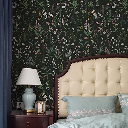 JiffDiff Floral Wallpaper Peel and Stick Farm Floral 472.44" x 17.32" Wildwood Wallpaper Dark Wallpaper Self Adhesive Wallpaper Coverage 60 sq.ft