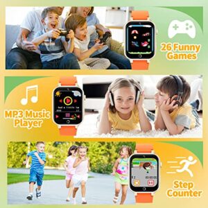 AWEHIRU Kids Smart Watch Girls Boys - Smart Watch for Kids Games Watch with 26 Games Music Player HDCamera Pedometer Alarm Video Flashlight Birthday Gifts for Kids 3-12 Years Old (Orange)