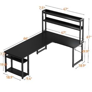 ODK L Shaped Gaming Desk with Hutch, Computer Desk with Storage Shelves, 66" L Shaped Desk for Home Office, Corner Desk with Headphone Hook, Black