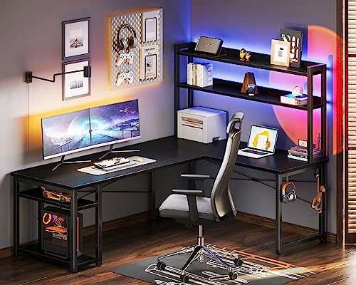 ODK L Shaped Gaming Desk with Hutch, Computer Desk with Storage Shelves, 66" L Shaped Desk for Home Office, Corner Desk with Headphone Hook, Black