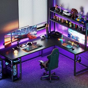 ODK L Shaped Gaming Desk with Hutch, Computer Desk with Storage Shelves, 66" L Shaped Desk for Home Office, Corner Desk with Headphone Hook, Black