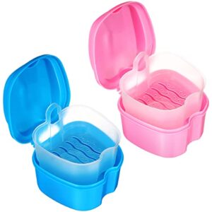 denture case denture cup holder storage soak container with strainer basket for travel cleaning 2 pack