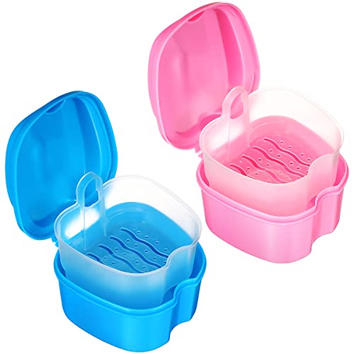 Denture Case Denture Cup Holder Storage Soak Container with Strainer Basket for Travel Cleaning 2 Pack